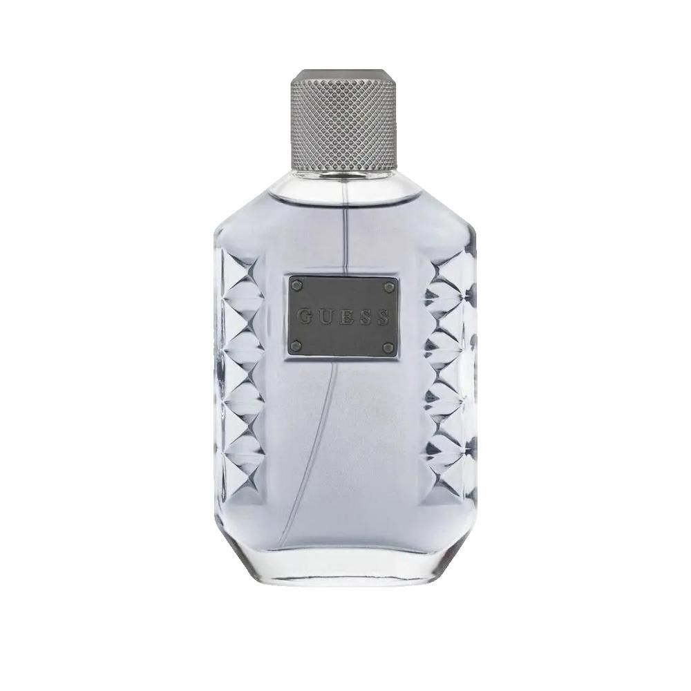 Flacone grigio con tappo argentato. Sul flacone è presente una targhetta rettangolare con la scritta "GUESS".