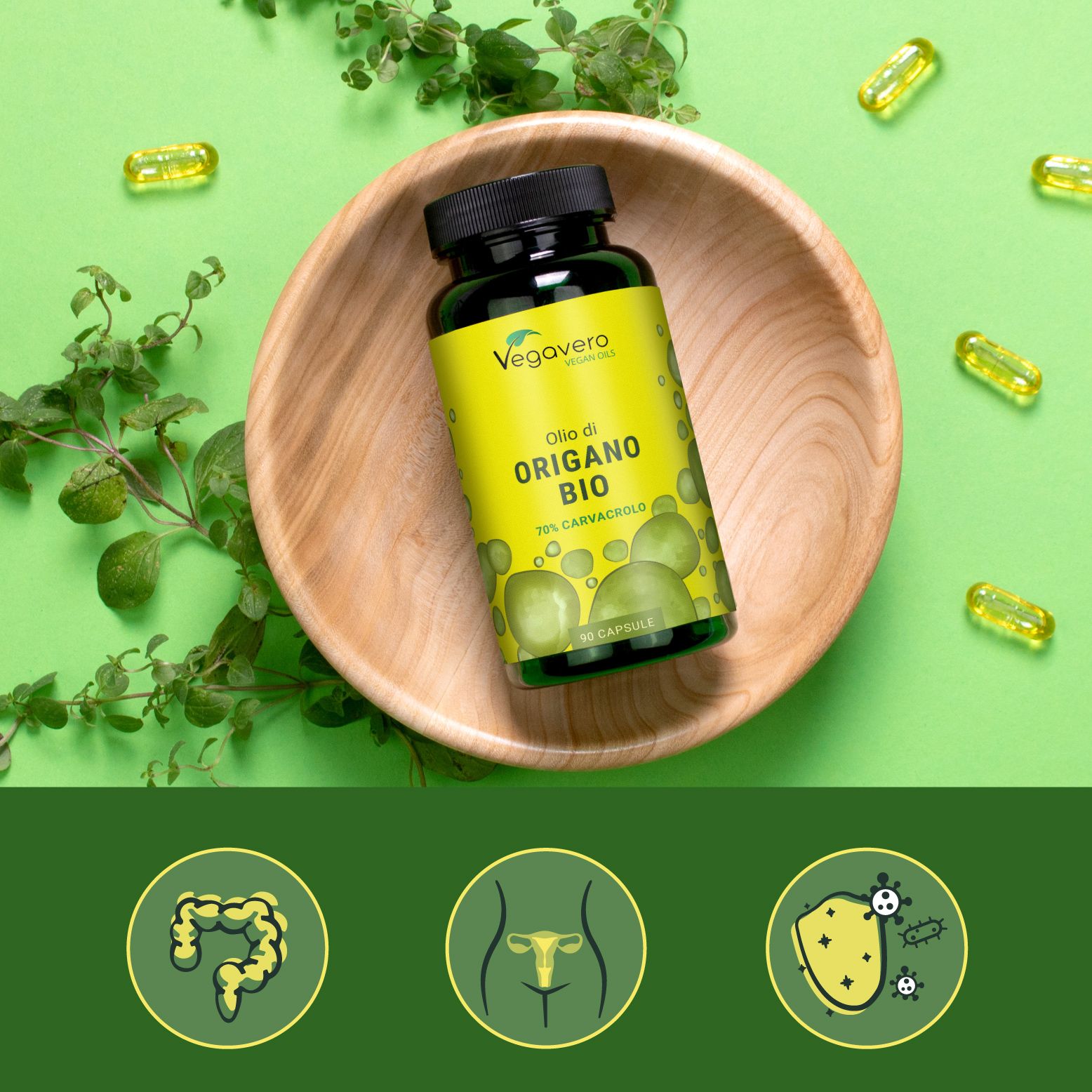 Capsule di Oregano Öl BIO in ciotola di legno. Capsule gialle e foglie verdi circondano il flacone.