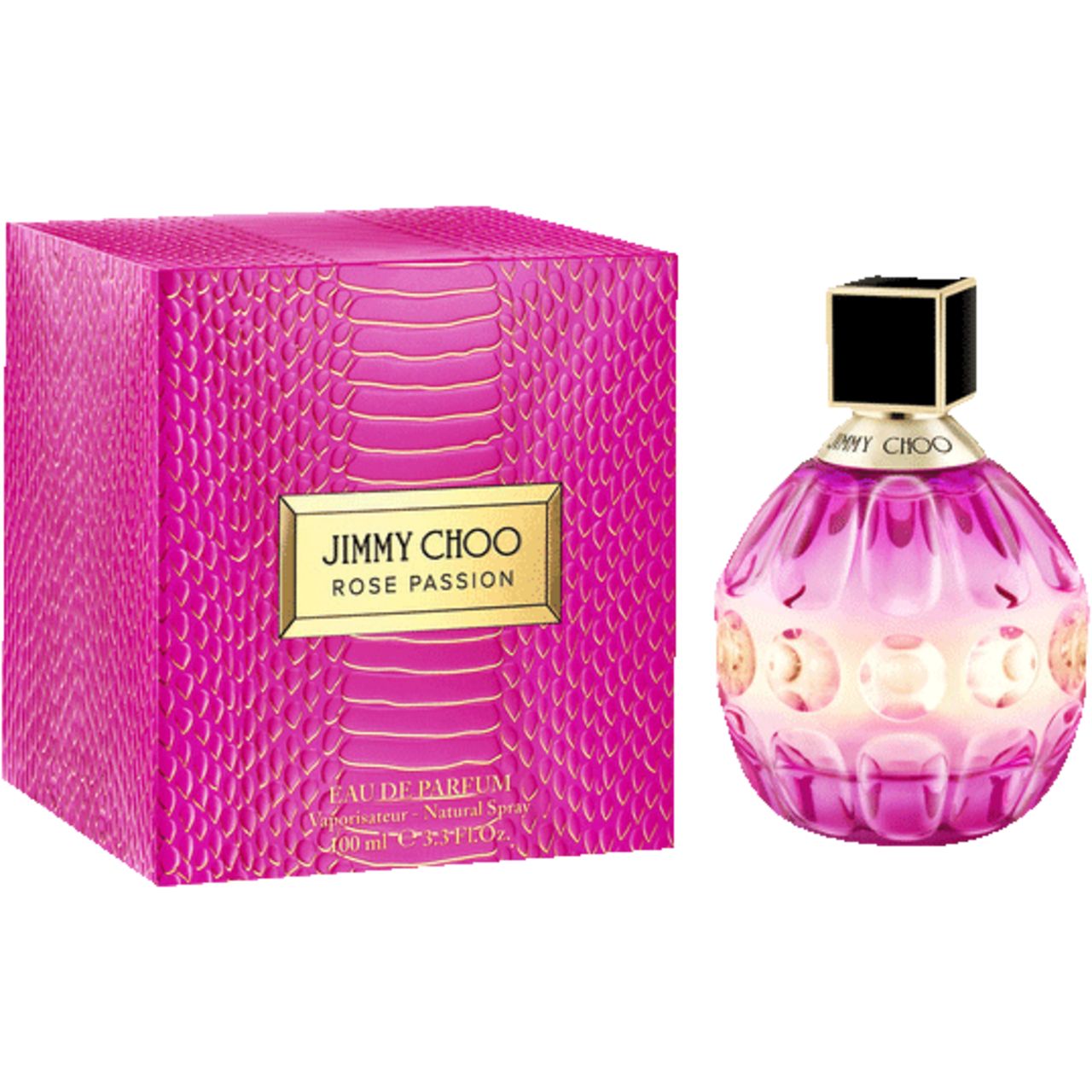 Scatola rosa e flacone. Scritta: Jimmy Choo Rose Passion. Flacone rotondo rosa con tappo nero.