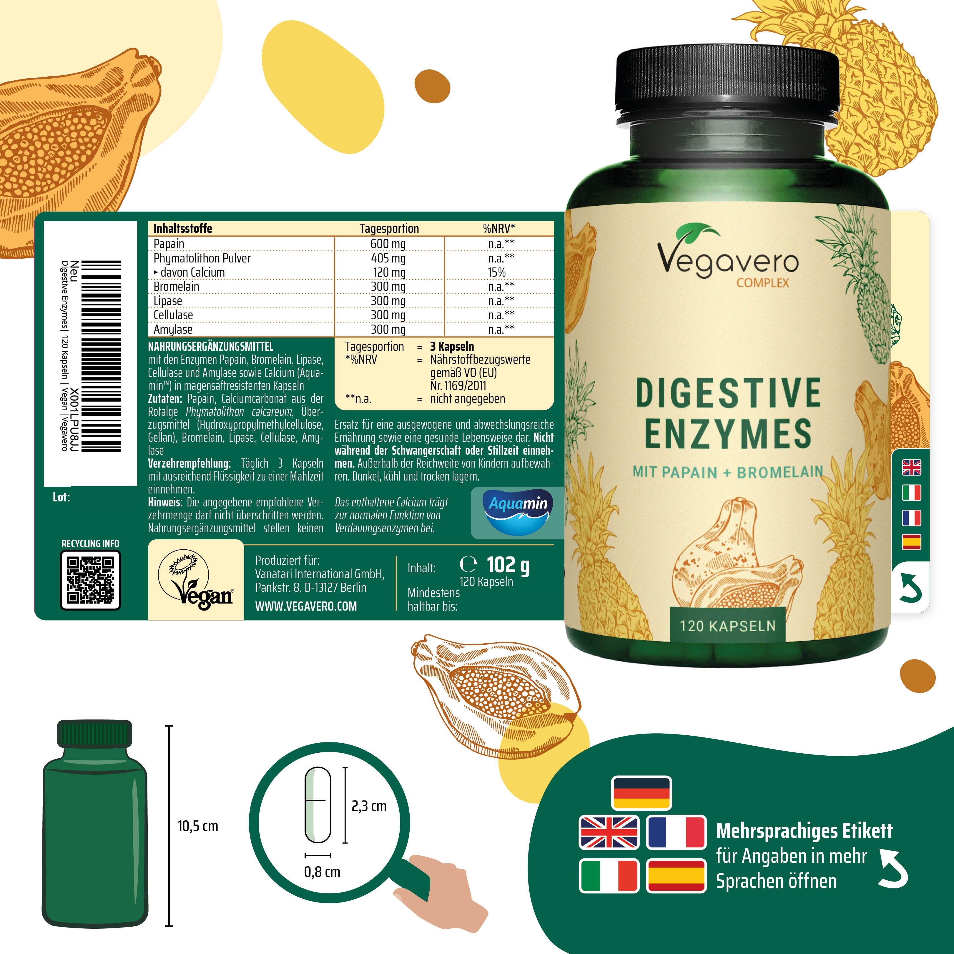 Flacone, etichetta con ingredienti, illustrazioni di papaya e ananas. Etichetta multilingue.