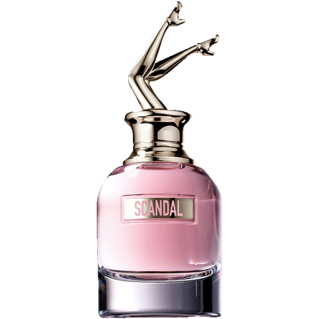 Flacone di profumo con gambe dorate come tappo. Liquido rosa in flacone di vetro. Scritta "SCANDAL".