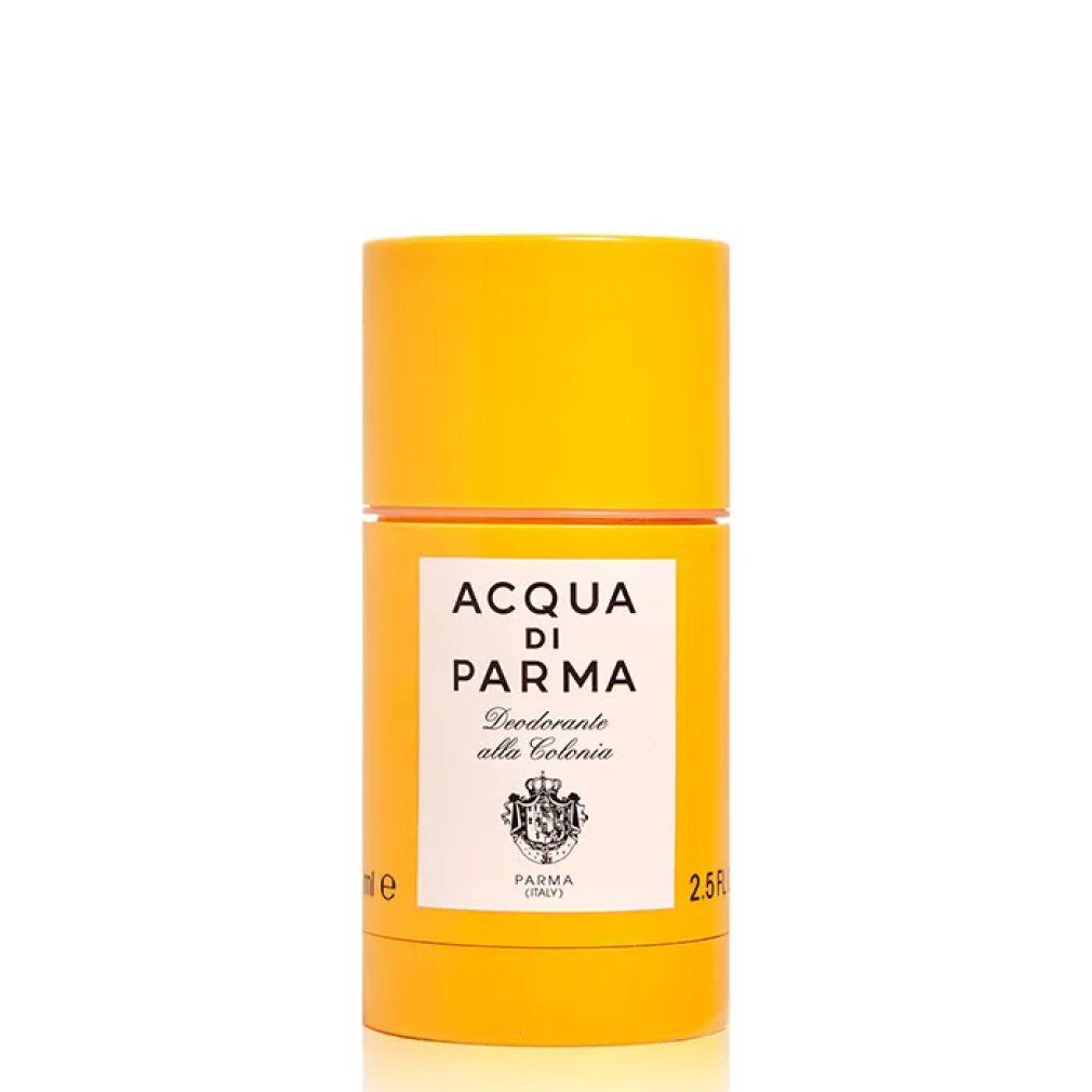 Stick deodorante giallo con etichetta bianca. Scritta: ACQUA DI PARMA, Deodorante alla Colonia. Logo e scritta PARMA (ITALY).