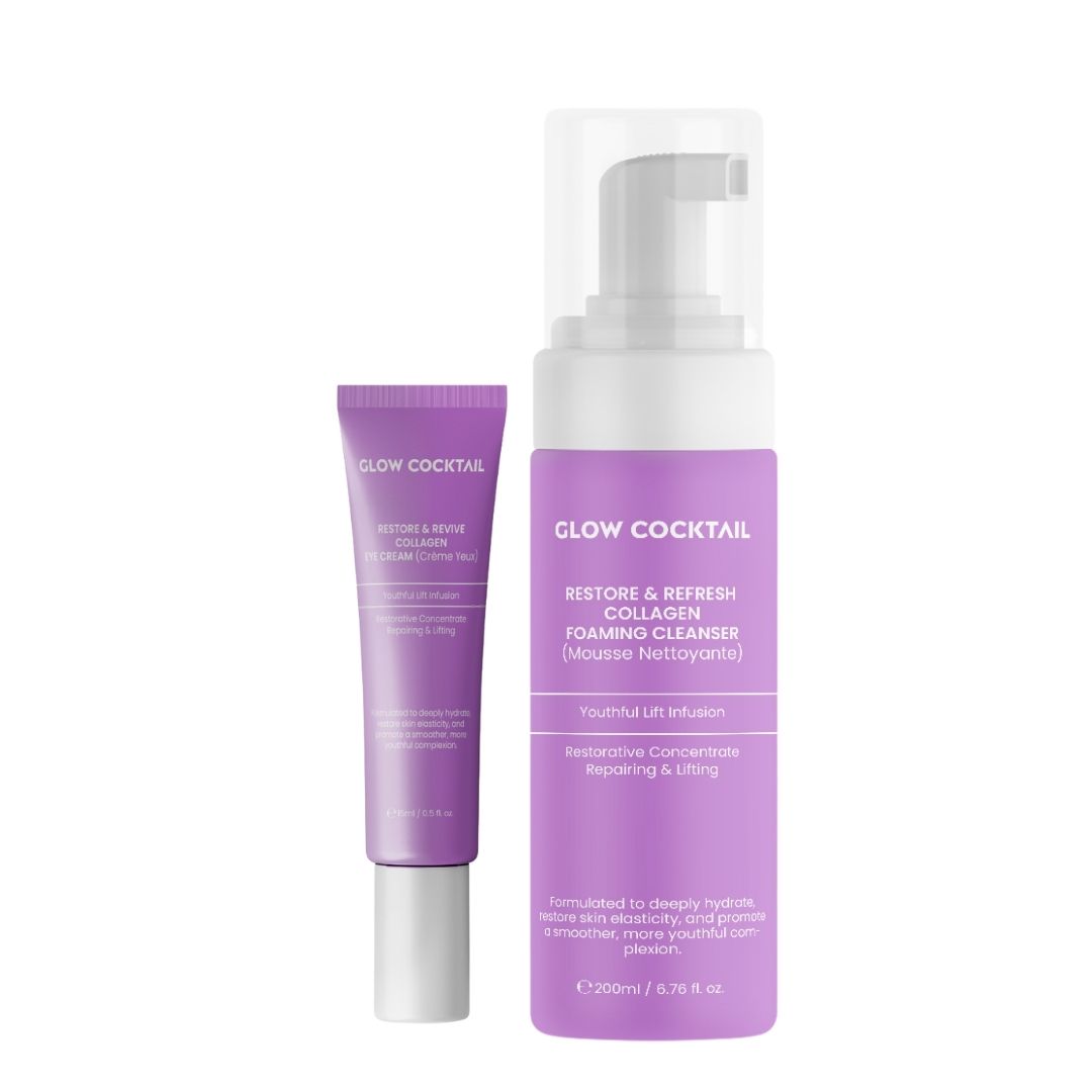 Due prodotti. Gel detergente e crema occhi. Flaconi viola con testo: Glow Cocktail, Restore & Refresh Collagen.