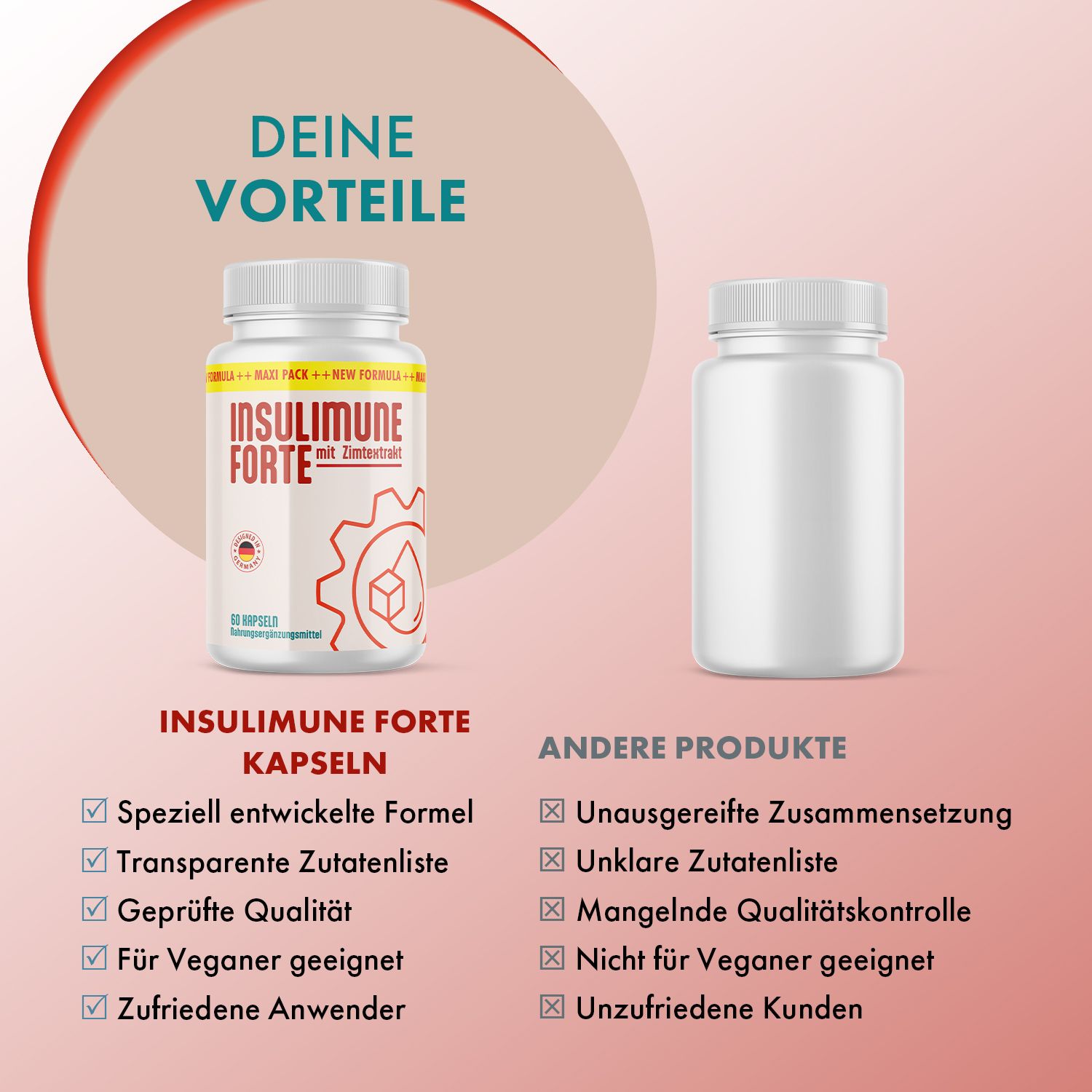 Confronto tra capsule INSULIMUNE FORTE e altri prodotti. INSULIMUNE FORTE: elenco trasparente degli ingredienti, qualità controllata. Altri prodotti: elenco ingredienti poco chiaro.