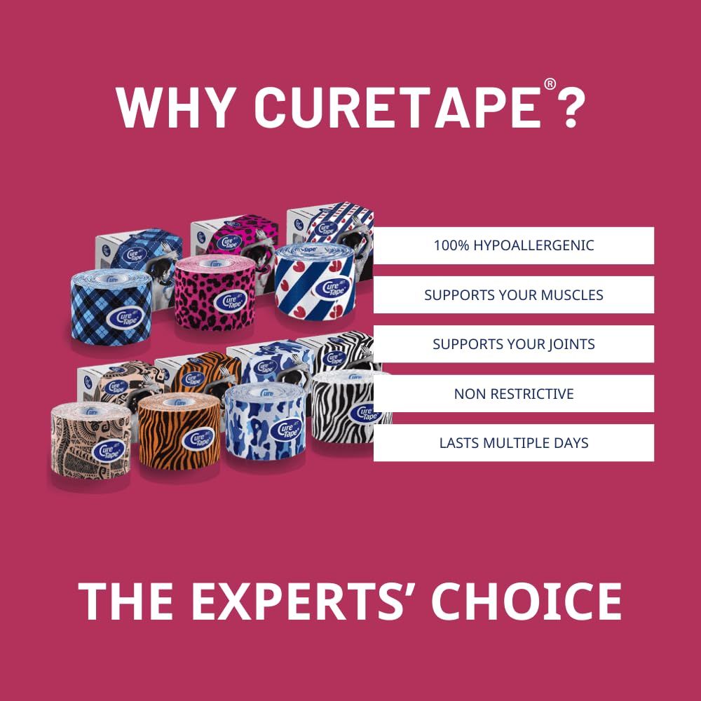 Vari nastri di kinesiologia CureTape con motivi. 100% ipoallergenico, supporta muscoli e articolazioni.