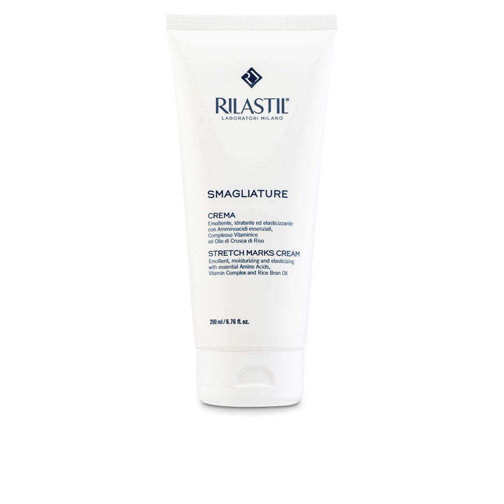 Tubo di crema bianco. Scritta: Rilastil, Smagliature, Crema, 200 ml. Ingredienti visibili.