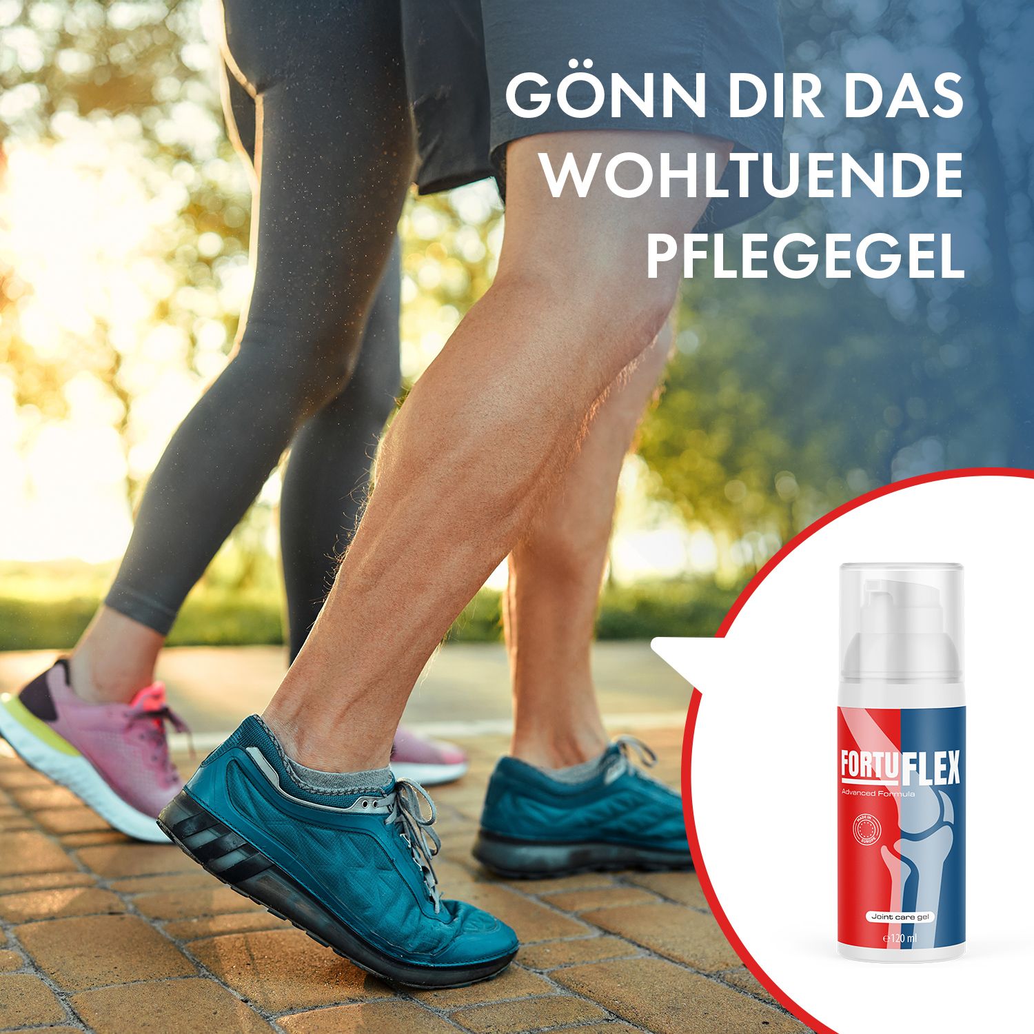 Due persone camminano. Flacone di Fortuflex Gel nell'immagine. Scritta: Fortuflex. Testo: Concediti il gel curativo lenitivo.