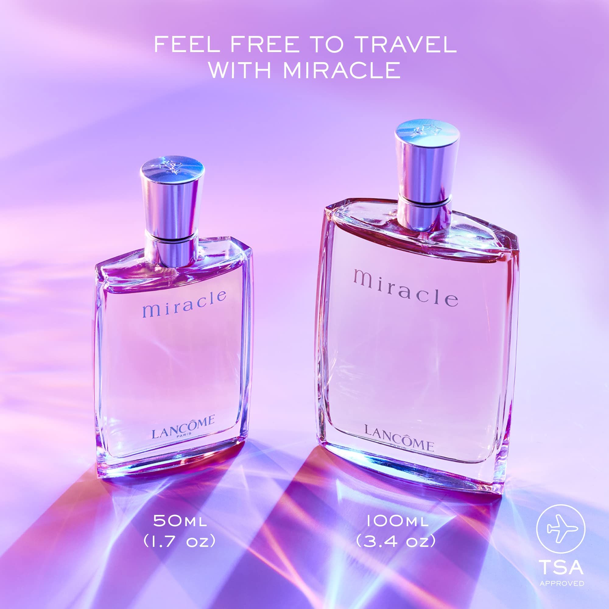 Due flaconi Lancôme Miracle. 50ml e 100ml. Testo: "Feel free to travel with Miracle". Logo TSA.