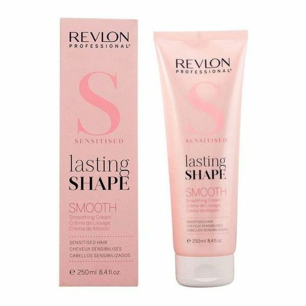 Tubo e scatola rosa. Marchio e nome del prodotto: Revlon, Lasting Shape, Smooth, Sensitised Hair. Contenuto: 250ml.