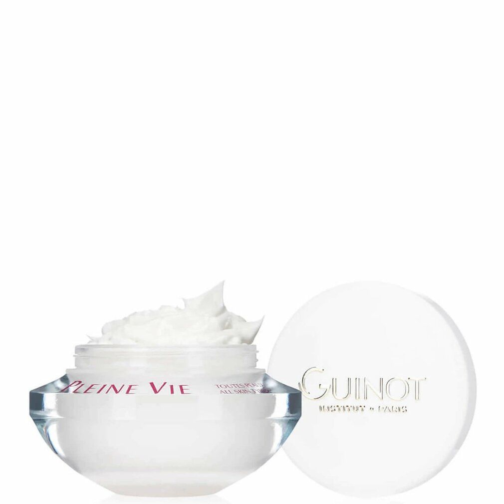 Vaso di crema aperto con crema. Coperchio accanto. "PLEINE VIE" e "GUINOT" visibili.
