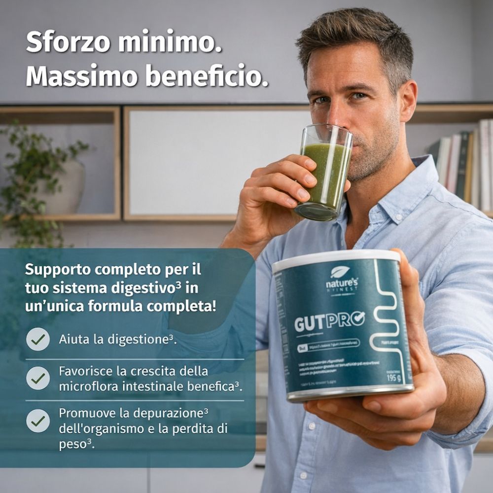 Uomo tiene barattolo e beve. Barattolo: GutPRO, Nature's Finest. Testo: Supporto per il sistema digestivo.