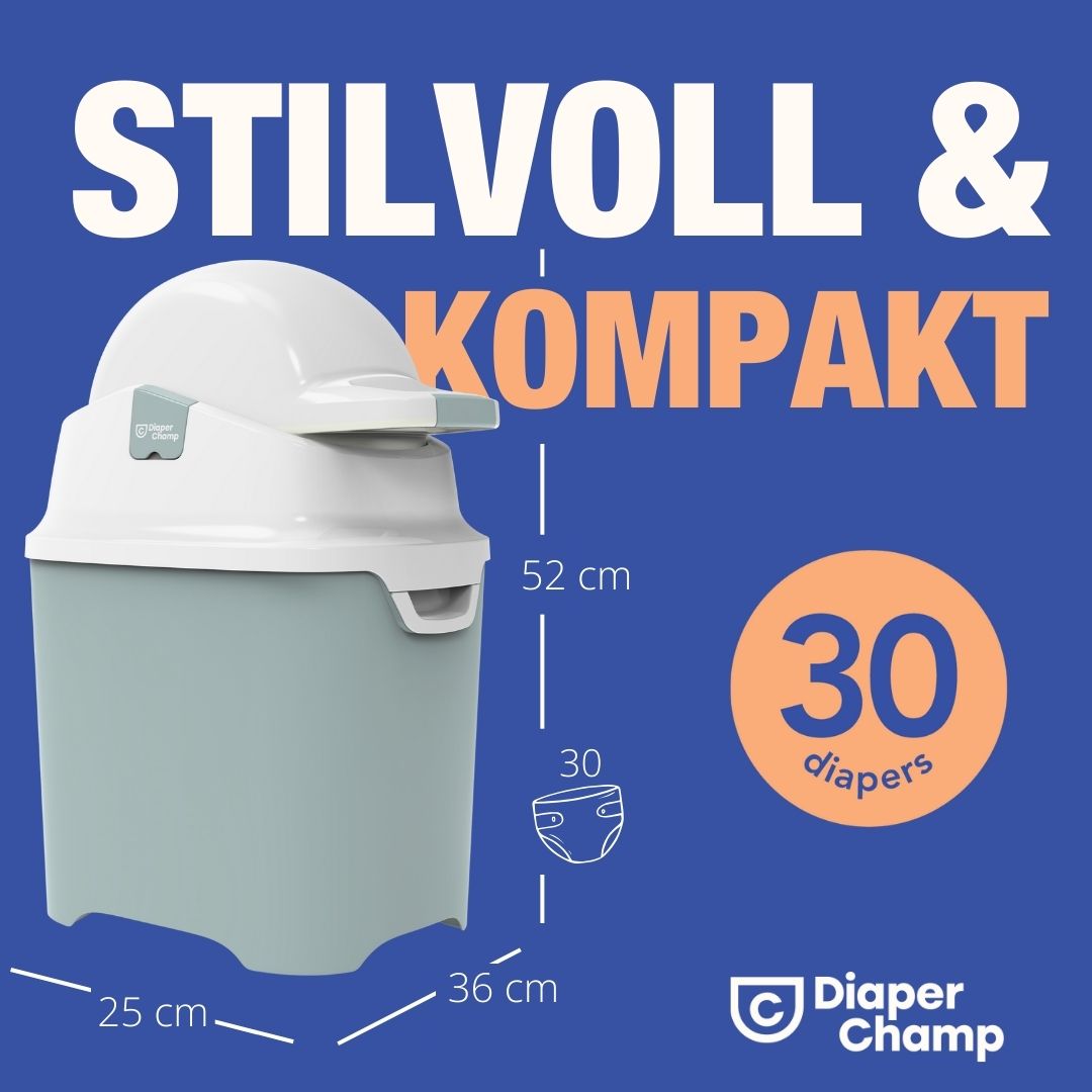 Pattumiera per pannolini Diaper Champ One, grigio-bianco. Testo: "STILVOLL & KOMPAKT". Dimensioni: 25x36x52 cm. Capacità: 30 pannolini. Logo e testo: "Diaper Champ".