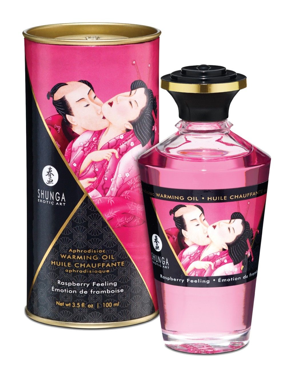 Flacone e scatola di olio da massaggio rosa. Scritta: Shunga, aroma lampone. Illustrazione: coppia che si bacia. Scatola: cilindrica, nera e rosa.