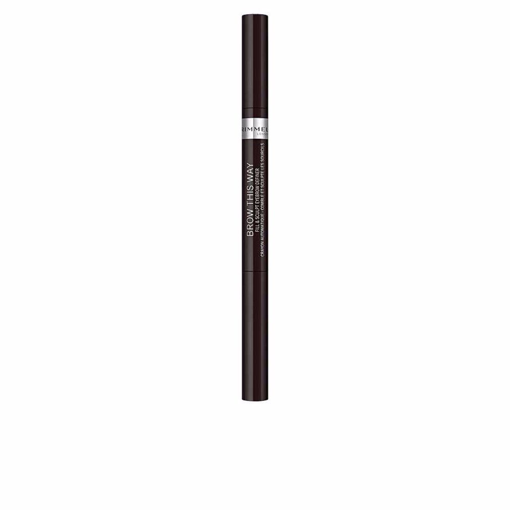 Matita doppia per sopracciglia. Rimmel London Brow This Way Fill And Sculp Eyebrow Definer. Marrone scuro. Testo sulla matita.
