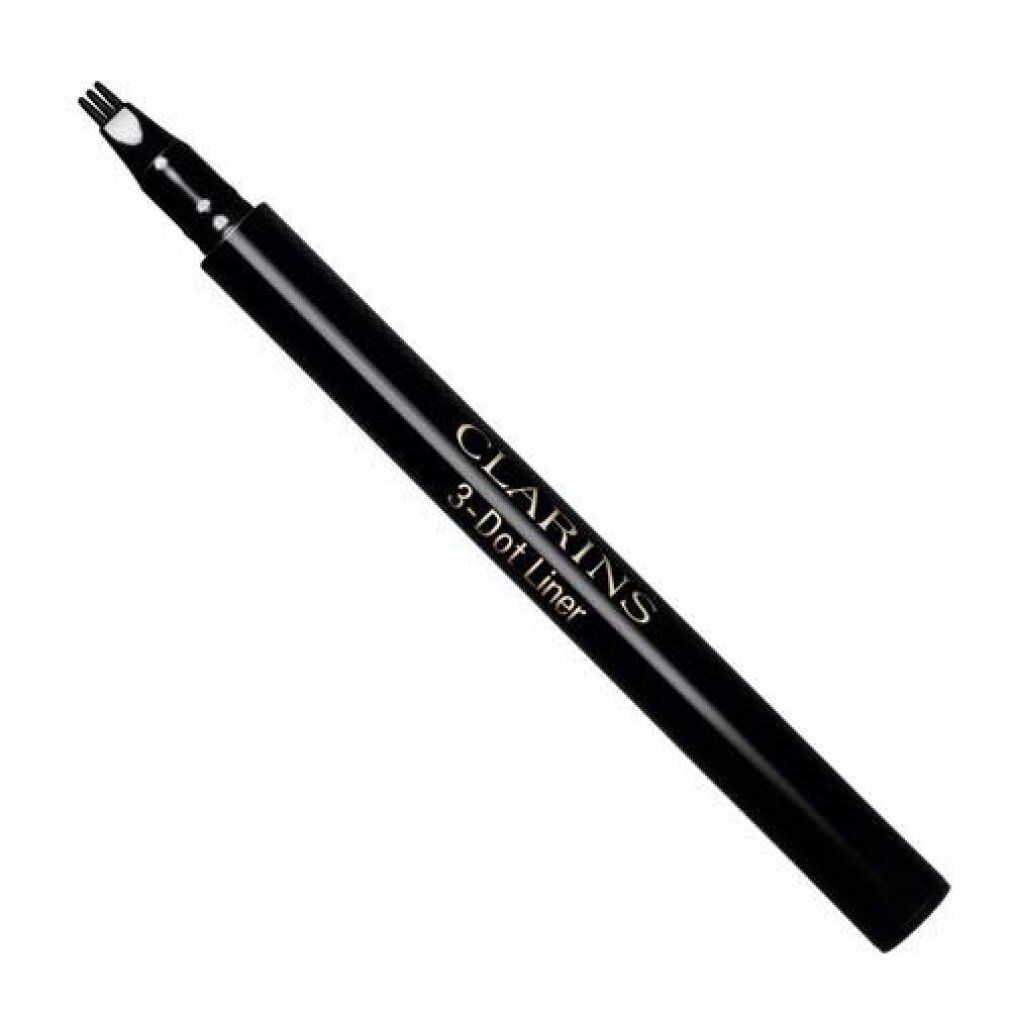 Clarins 3-Dot Liner nero. L'applicatore ha tre punte. La penna è inclinata.