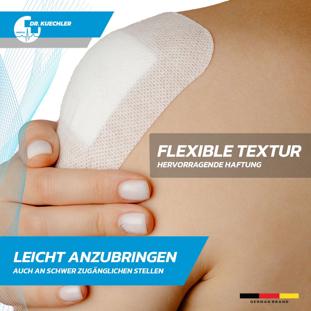 Braccio con cerotto. Cerotto rettangolare, bianco. Scritta: Texture flessibile, ottima aderenza. Facile da applicare.