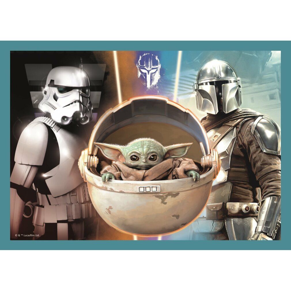 Puzzle con Stormtrooper, Baby Yoda e Mandaloriano. Il puzzle mostra Stormtrooper, Baby Yoda e Mandaloriano. Sfondo blu.