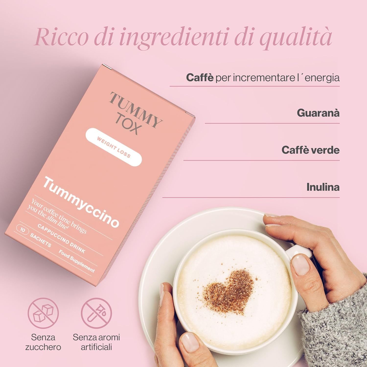 Confezione del prodotto. Testo: Tummyccino, Cappuccino Drink, 10 bustine, senza zucchero, senza aromi. Ingredienti: caffè, guaranà, caffè verde, inulina.