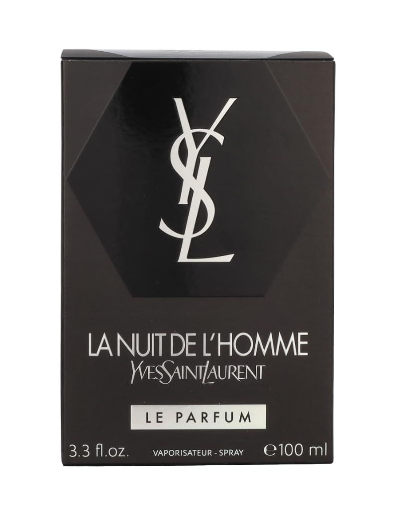 Confezione nera con logo YSL e scritta: LA NUIT DE L'HOMME, LE PARFUM. Forma angolare.