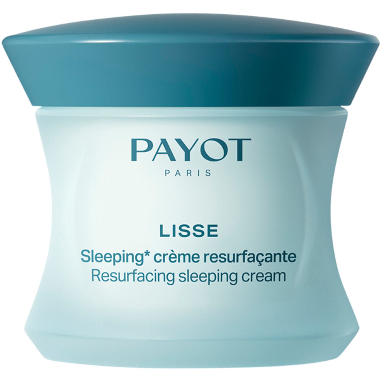 Vaso di crema con coperchio blu. Scritta PAYOT PARIS, LISSE, Sleeping* crème resurfaçante, Resurfacing sleeping cream.