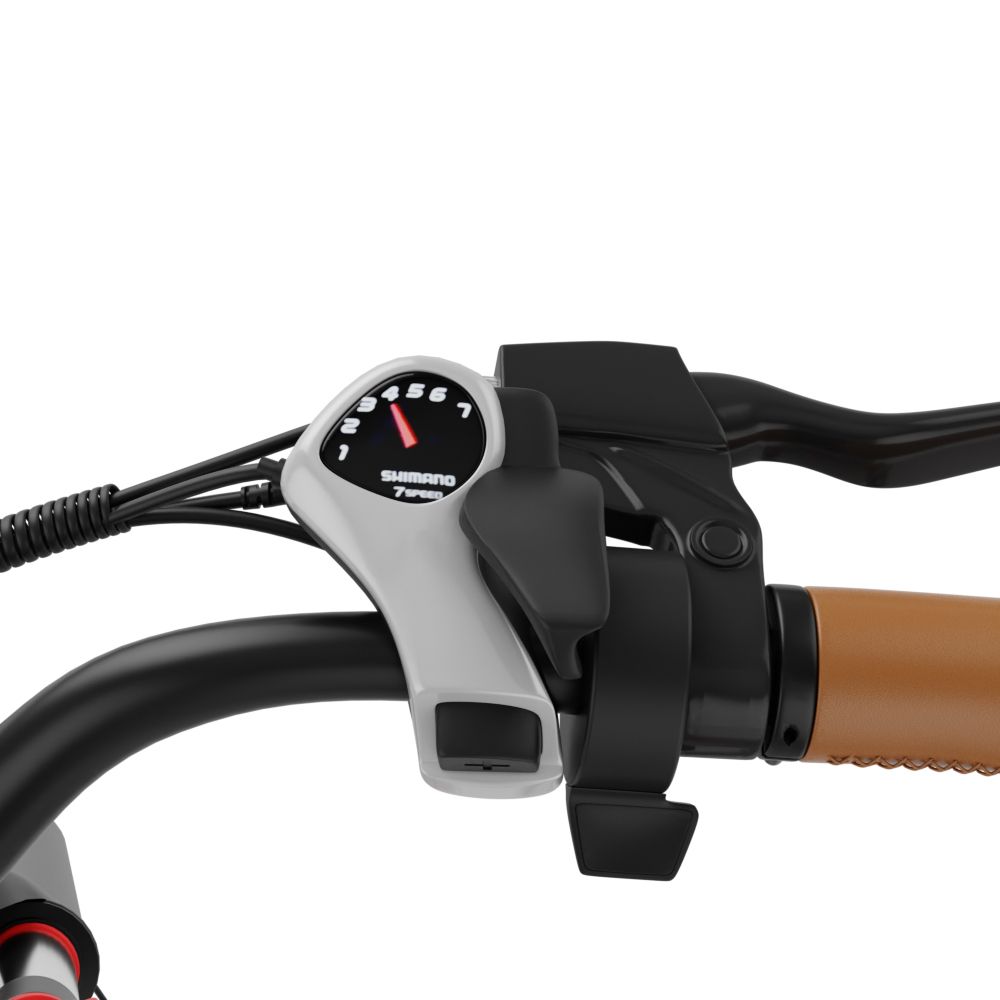 Manubrio della bici con cambio Shimano a 7 velocità. Manopole e leve freno nere. Impugnatura marrone.