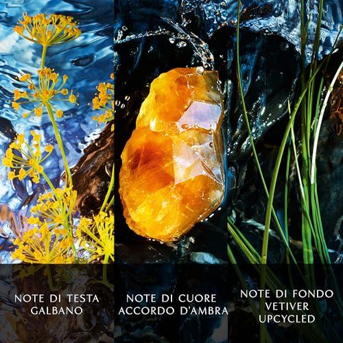 Tre immagini. Galbano, ambra, vetiver. Scritta italiana: Note di Testa, Note di Cuore, Note di Fondo.