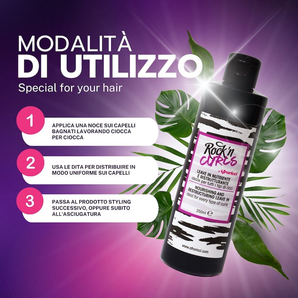 Flacone nero con etichetta bianca e rosa. Testo: Rock'n Curls, Leave In Nutriente e Ristrutturante, 250ml.