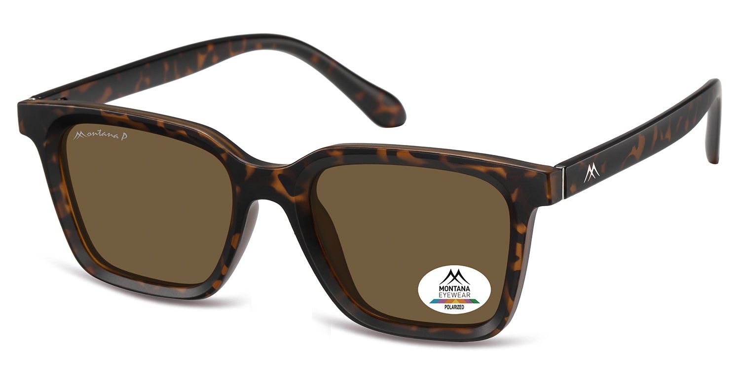 Occhiali da sole marroni con montatura marrone. Un adesivo con il logo Montana Eyewear è sulla lente destra.
