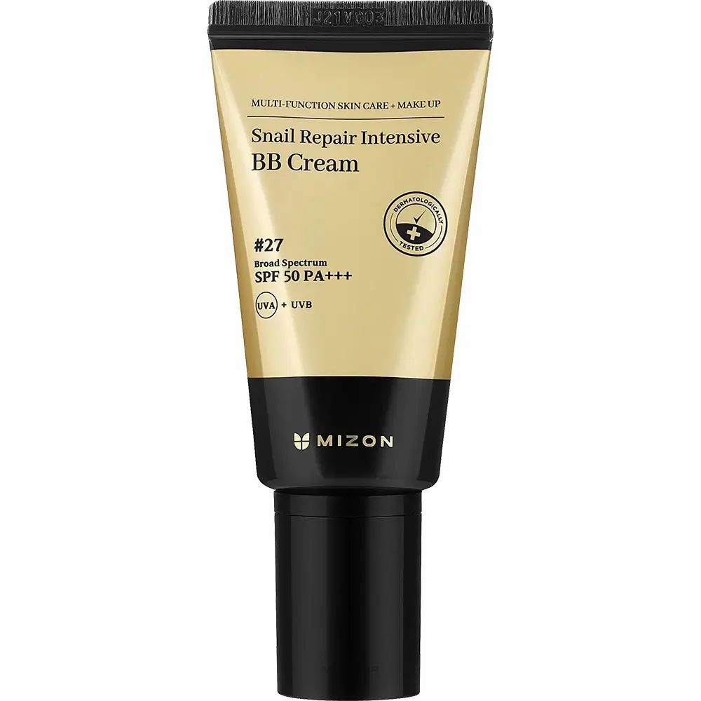 Tubo crema Snail Repair Intensive BB Cream Nr. 27, SPF 50 PA+++. Marchio MIZON. Dermatologicamente testato.
