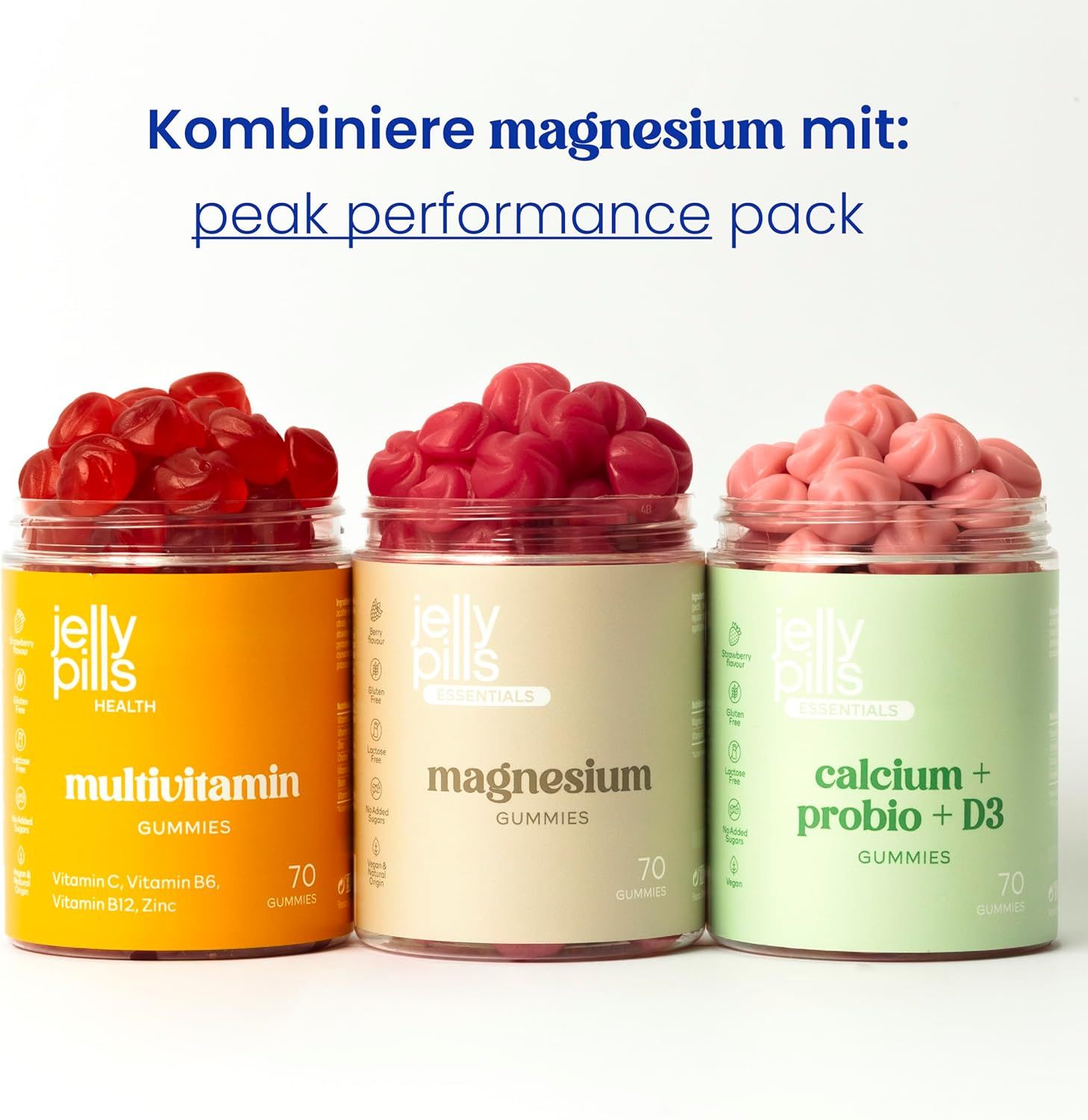 Tre barattoli di Jelly Pills Gummies: Multivitamin, Magnesio, Calcio + Probio + D3. 70 caramelle gommose per barattolo.