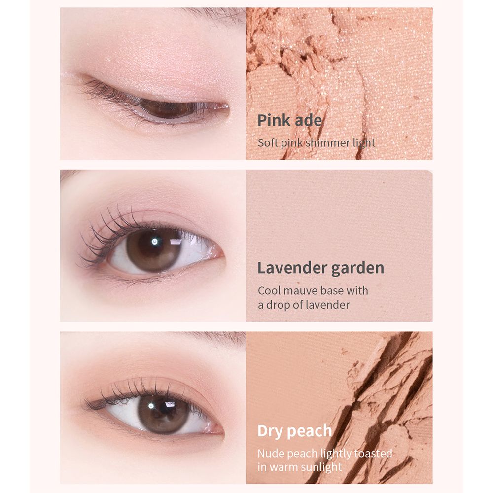 Primi piani di occhi con ombretto. Tre look diversi con i nomi 'Pink ade', 'Lavender garden' e 'Dry peach'.