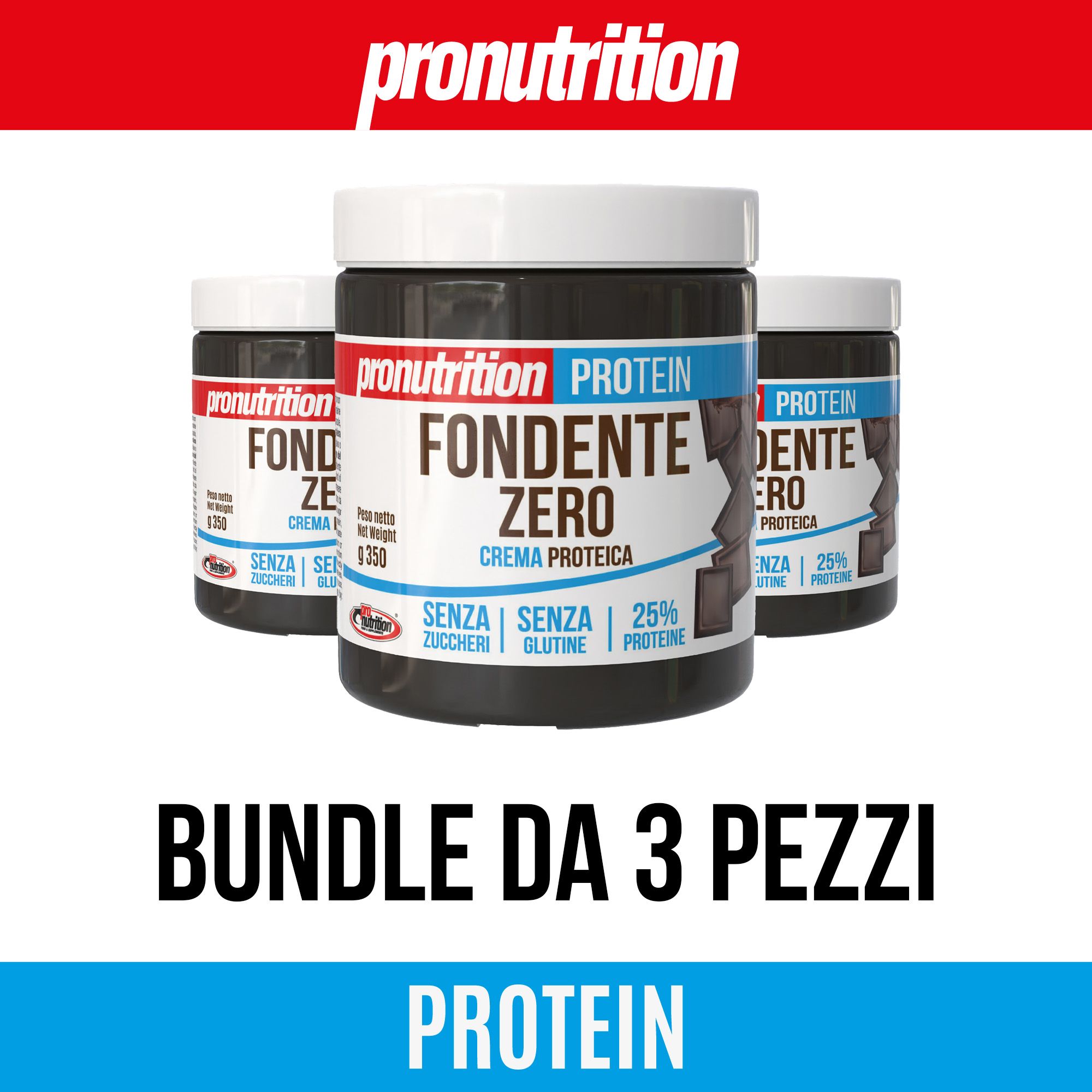 Tre barattoli di Pronutrition Protein Fondente Zero. Scritta: Fondente Zero, Senza Zuccheri, Senza Glutine, 25% Proteine. Bundle da 3 pezzi.