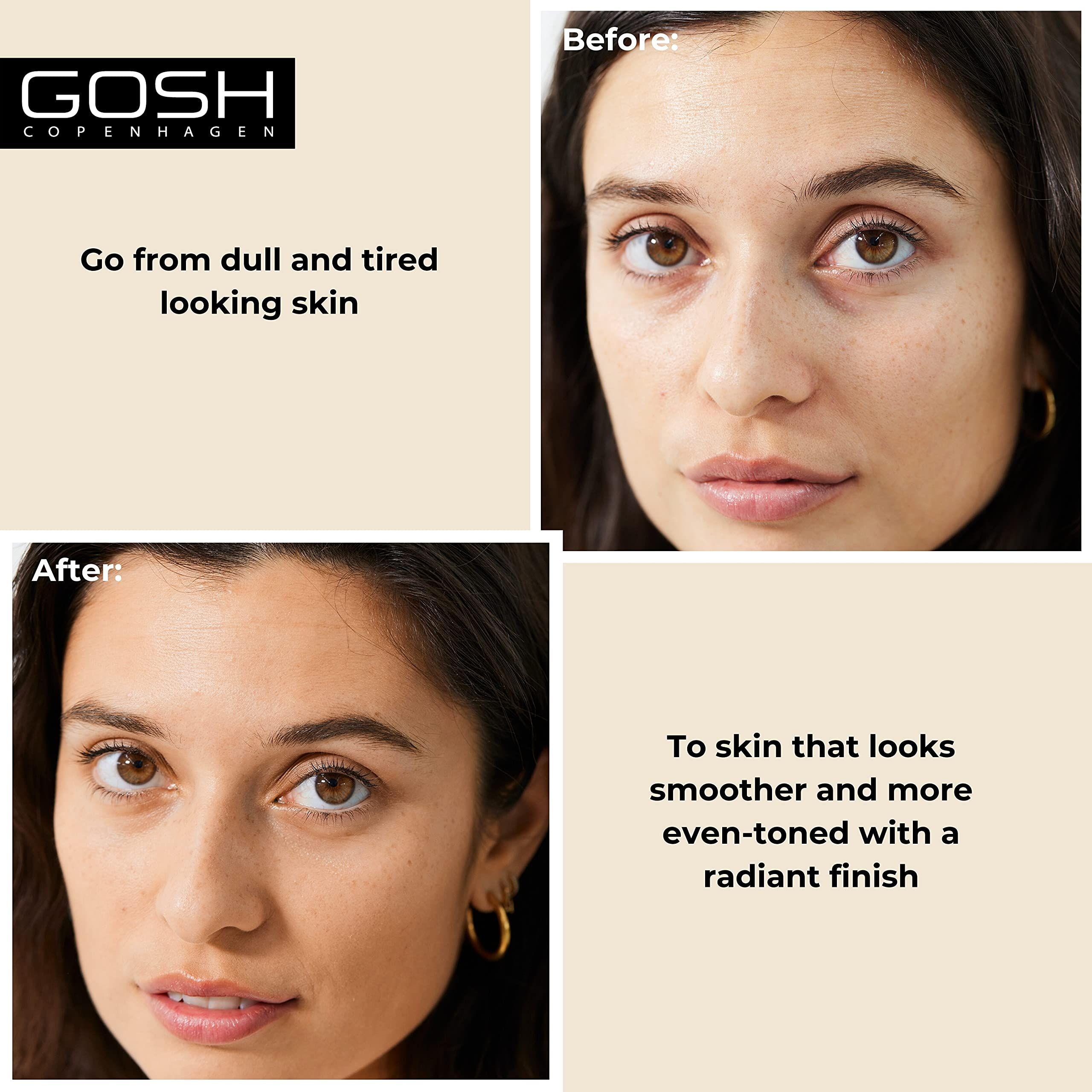 Confronto prima/dopo. Donna con viso non truccato e truccato. Testo: Go from dull and tired looking skin to radiant finish.