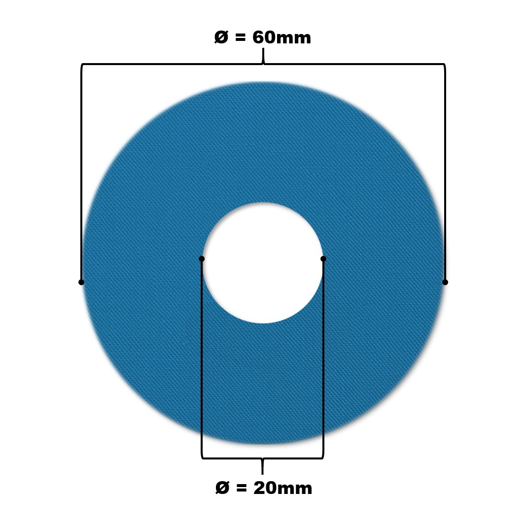 Cerotto per catetere blu con foro. Diametro 60mm, foro 20mm.