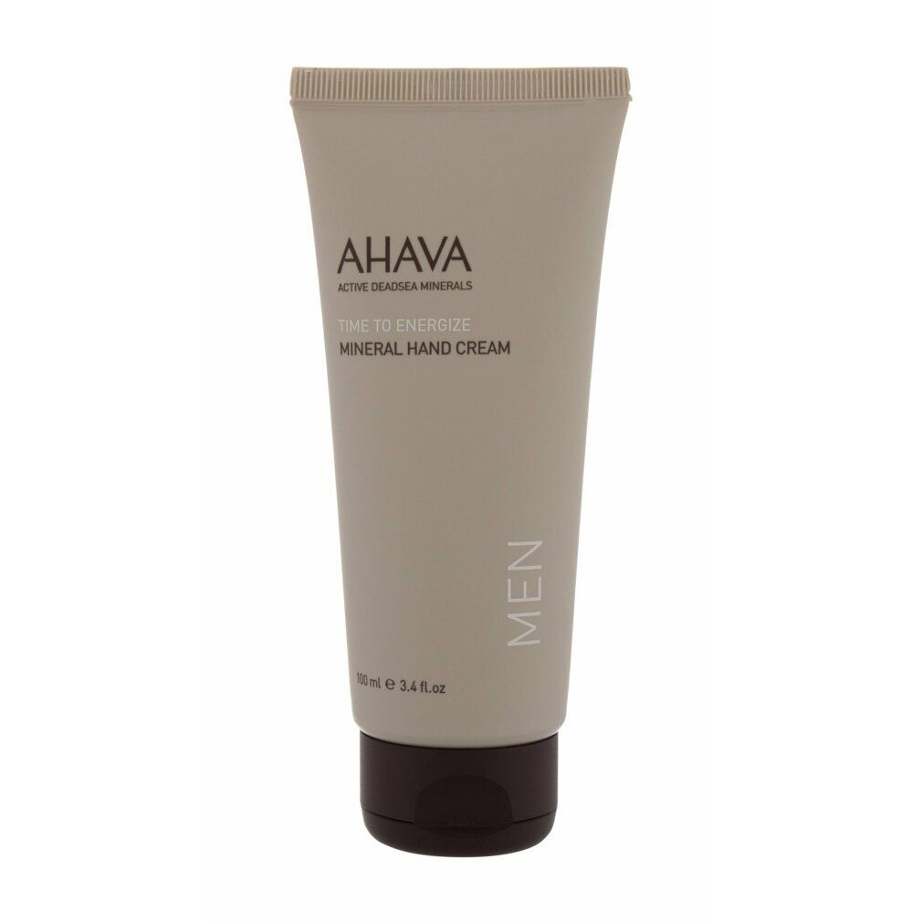 Tubo beige con logo AHAVA e scritta TIME TO ENERGIZE. Scritta MEN. Tappo a vite nero. Sfondo bianco.