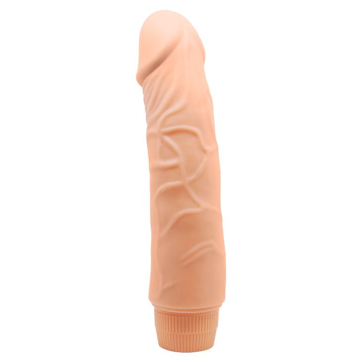 Dildo realistico beige, base scanalata, superficie dettagliata. Vene verticali sul fusto.