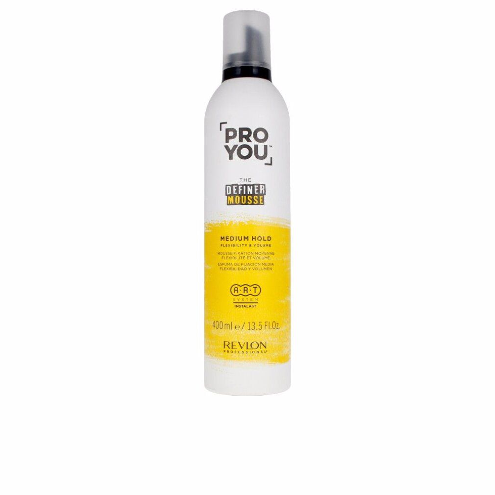 Flacone bianco-giallo con tappo nero. Scritta: PRO YOU THE DEFINER MOUSSE MEDIUM HOLD. Volume: 400ml/13.5 fl oz.