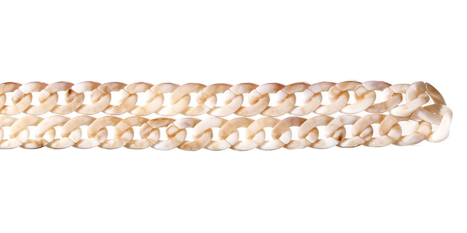 Catena per occhiali beige-marrone, maglie dritte. Chiusure metalliche alle estremità.