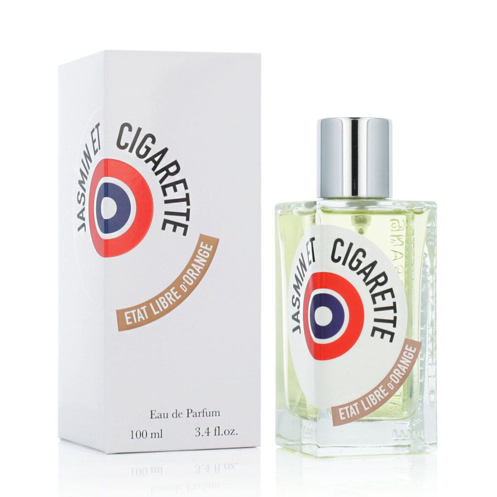 Flacone di profumo e confezione. Scritta: Jasmin et Cigarette, Etat Libre d'Orange. Flacone con tappo argentato.