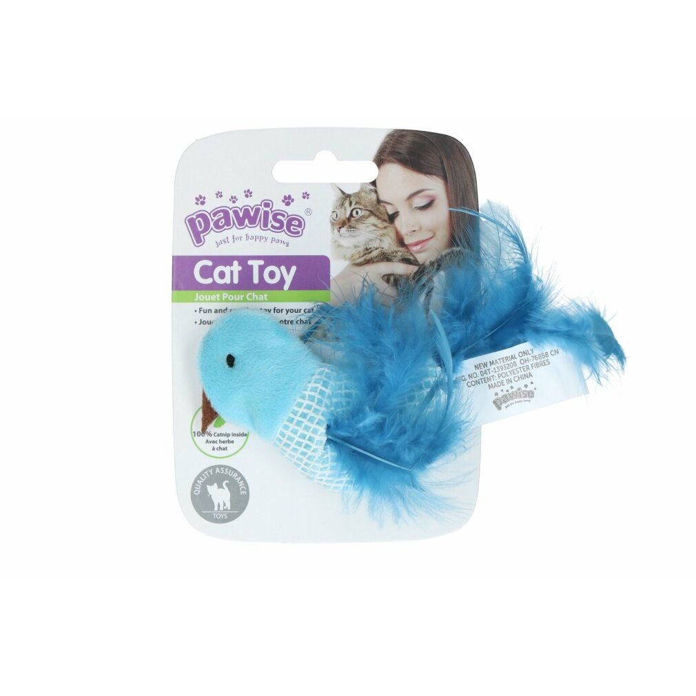 Giocattolo a forma di uccello blu su confezione. Logo Pawise, testo 'Cat Toy'. Donna con gatto sullo sfondo.