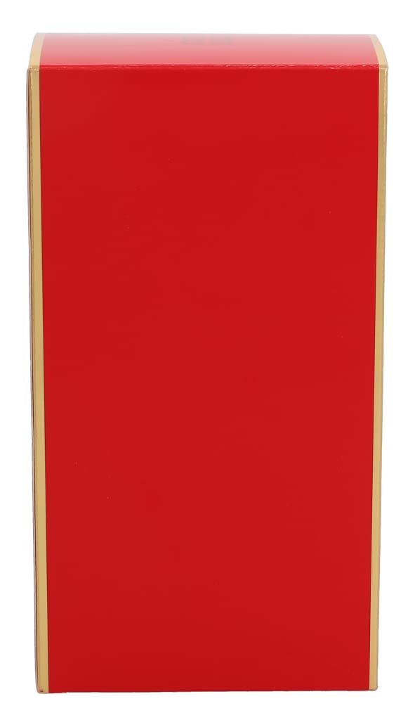 Confezione rettangolare rossa con bordi dorati. Nessun altro dettaglio o etichetta visibile.