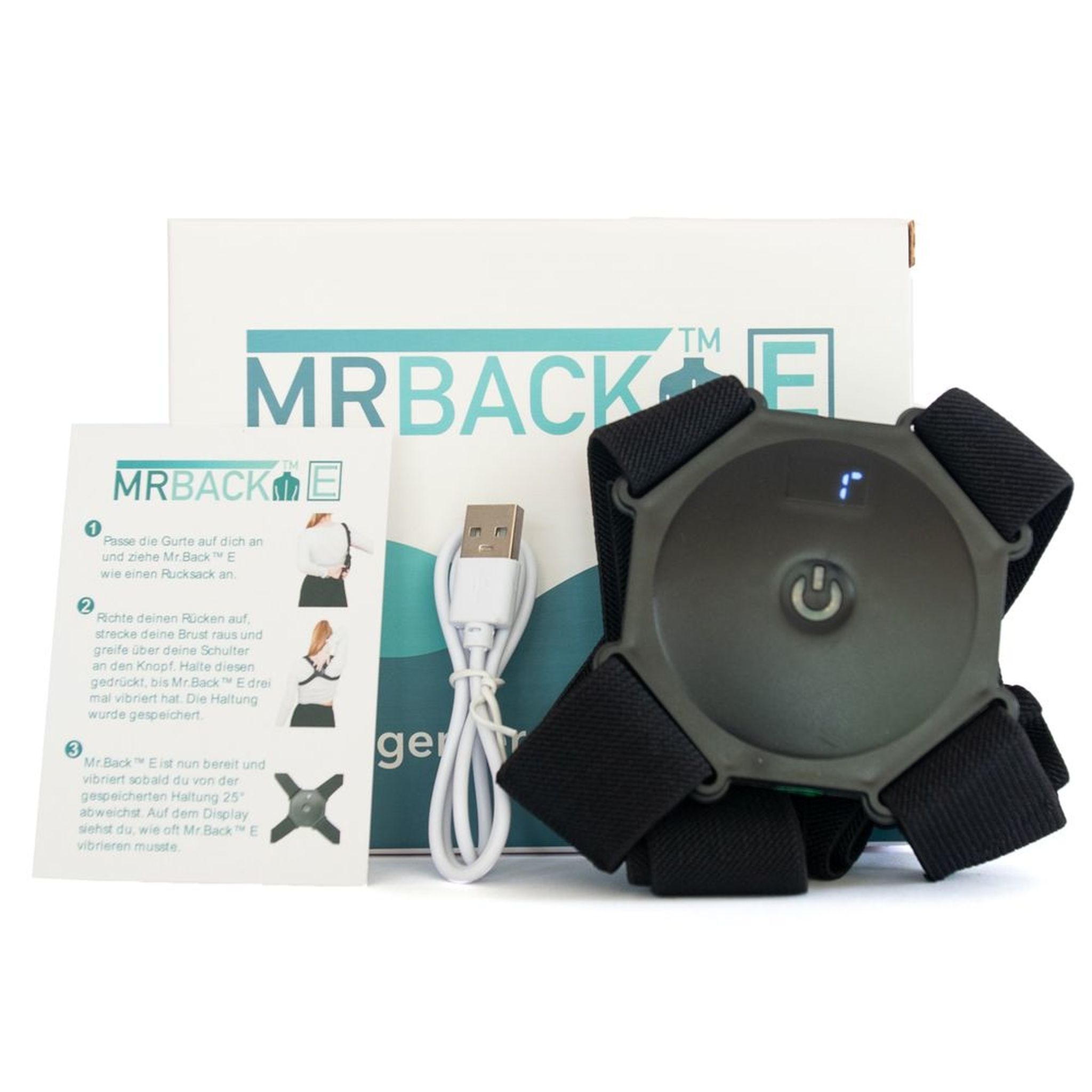 Correttore posturale con confezione, manuale e cavo USB. Nome prodotto: MR.BACK E.