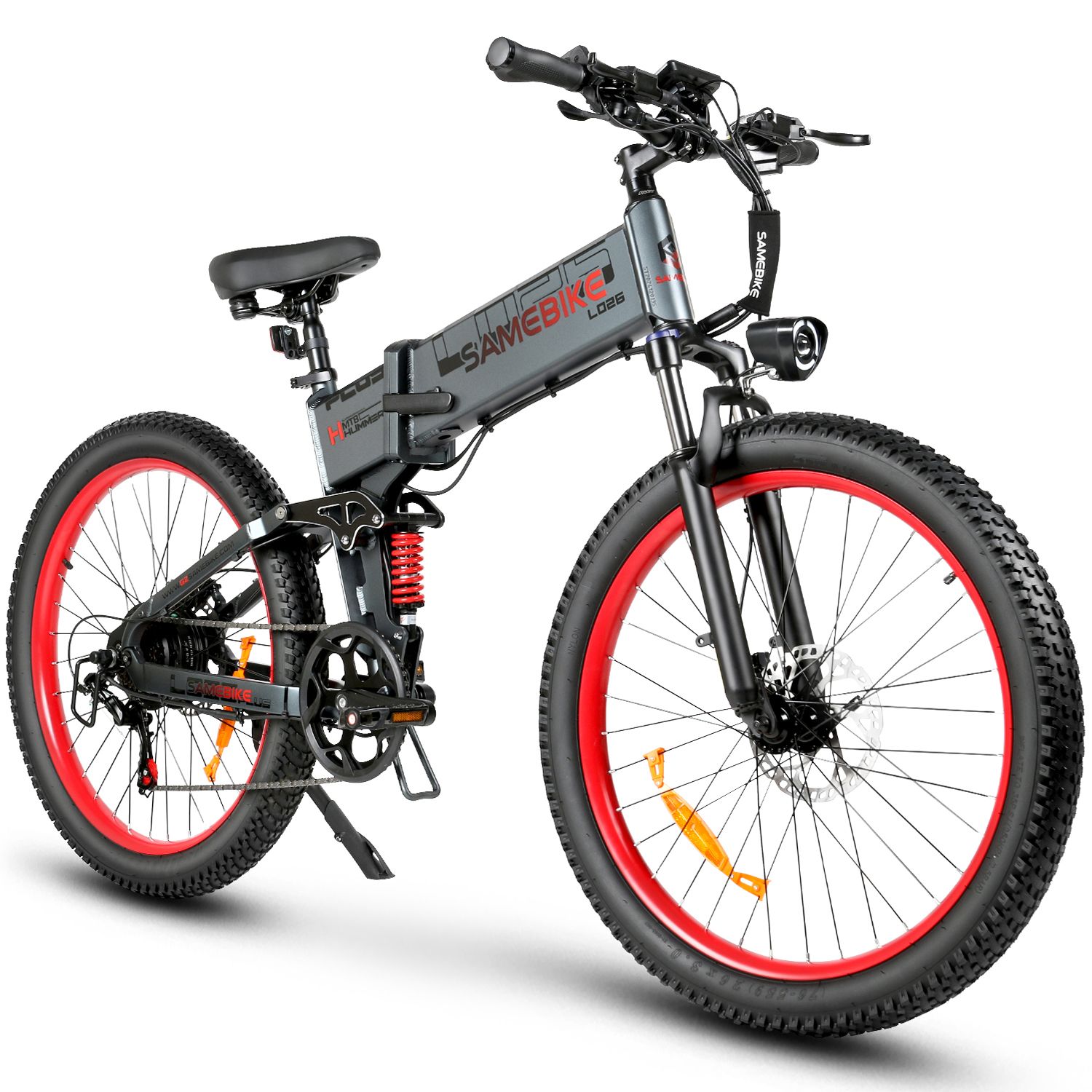 E-bike pieghevole grigia con cerchi rossi. Marchio SAMEBIKE, modello LO26Plus visibile. Pneumatici, sella e manubrio neri. Sospensione rossa.