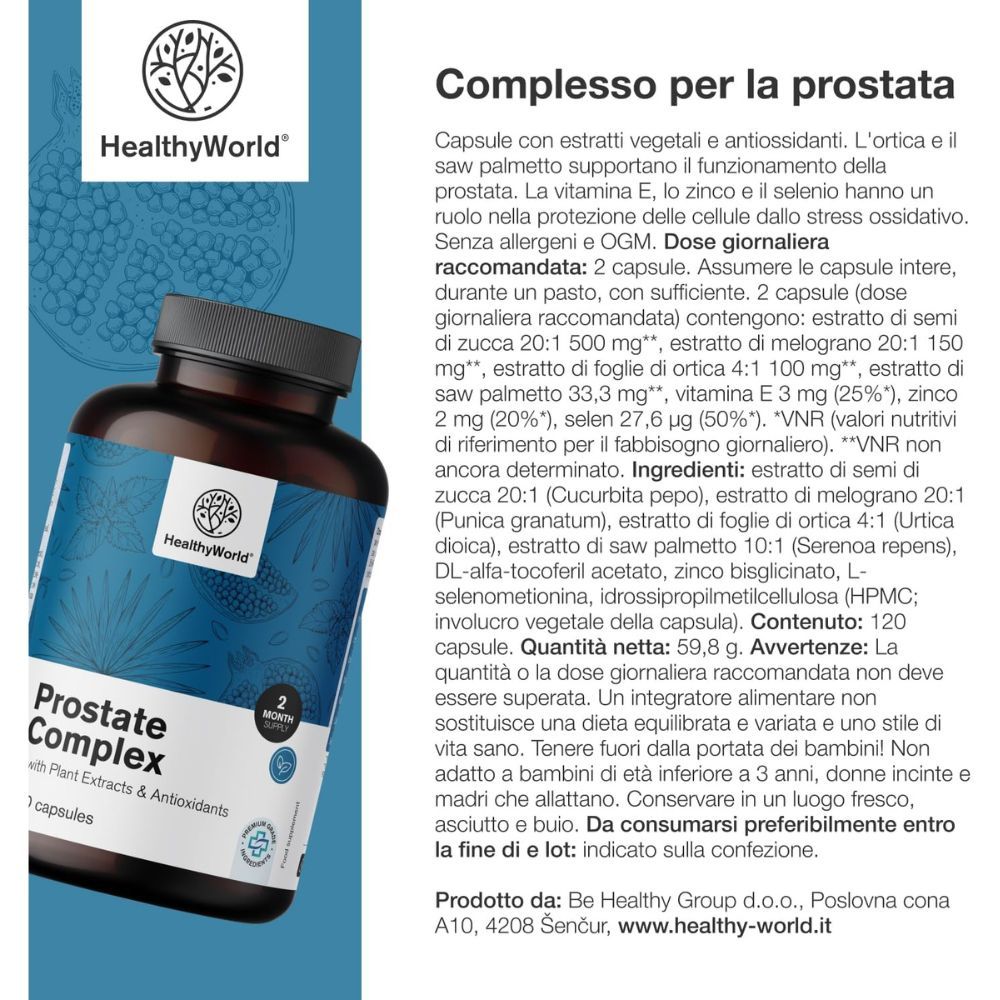 Flacone con capsule. Scritta: Prostate Complex. 120 capsule. Marchio: HealthyWorld. Testo: Compresso per la prostata.