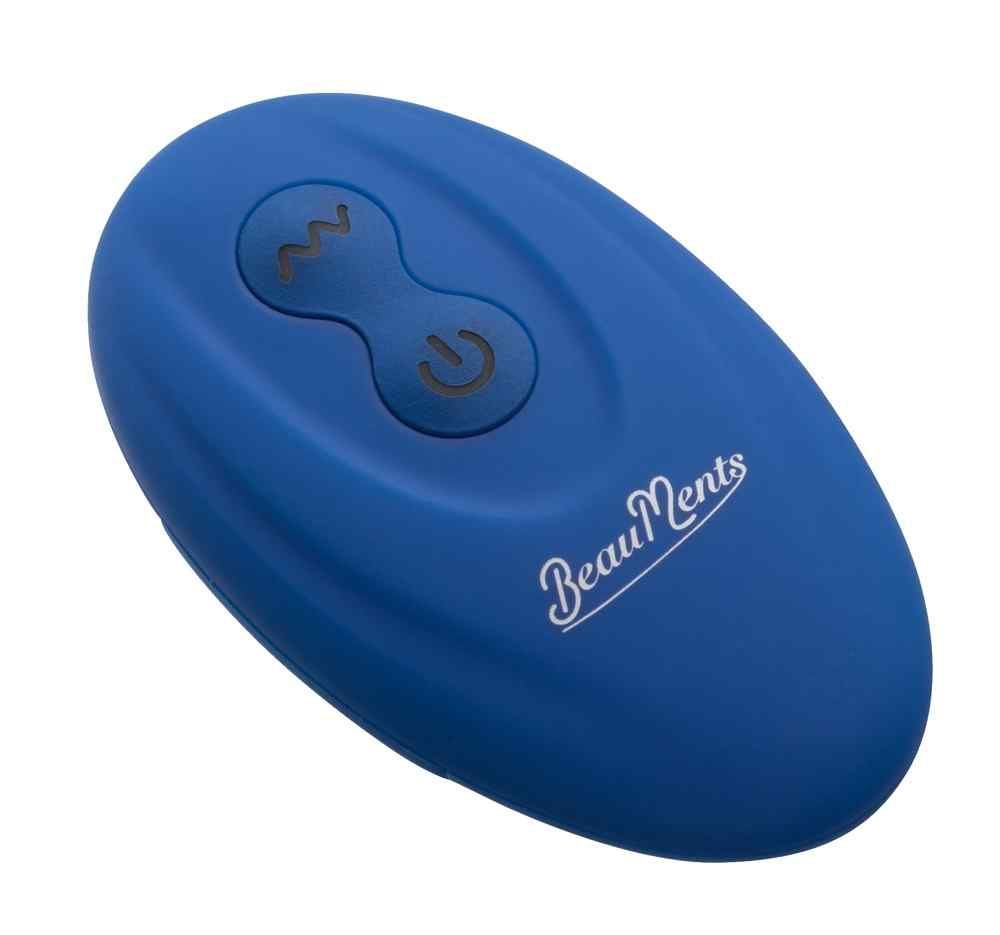 Telecomando ovale blu con due pulsanti. Marchio BeauMents. Simboli onda e alimentazione.