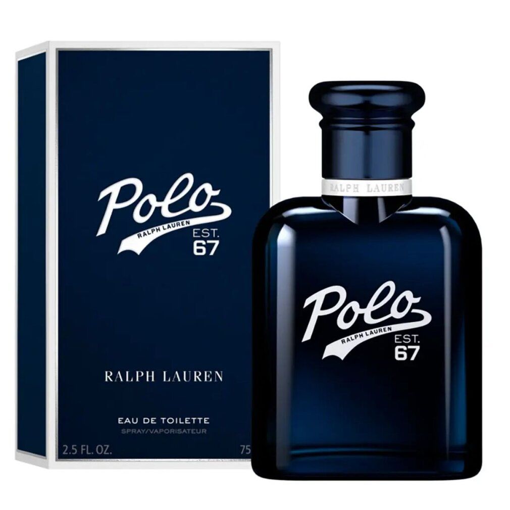 Flacone blu scuro e scatola. Sulla scatola: "Polo", "RALPH LAUREN", "EAU DE TOILETTE".