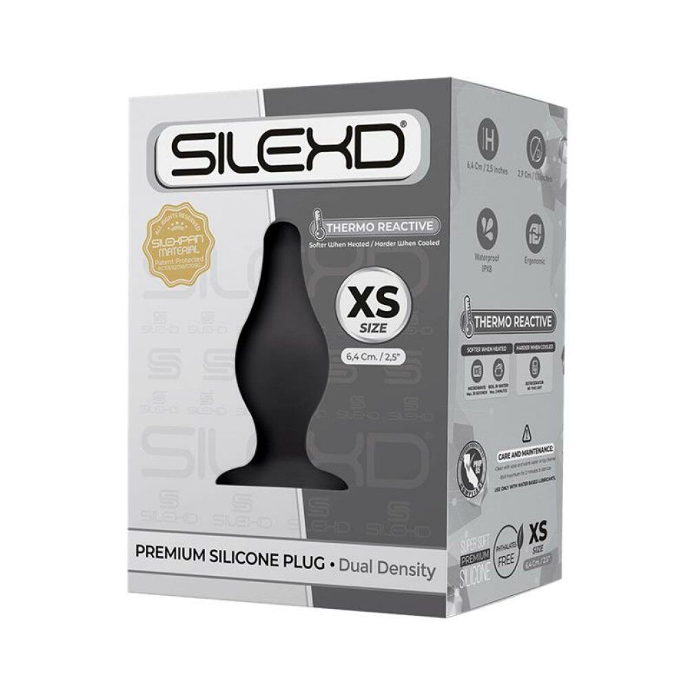 Plug anale nero in confezione. Marchio SILEXD, taglia XS, 6,4 cm. Silicone premium, doppia densità. Thermo Reactive.