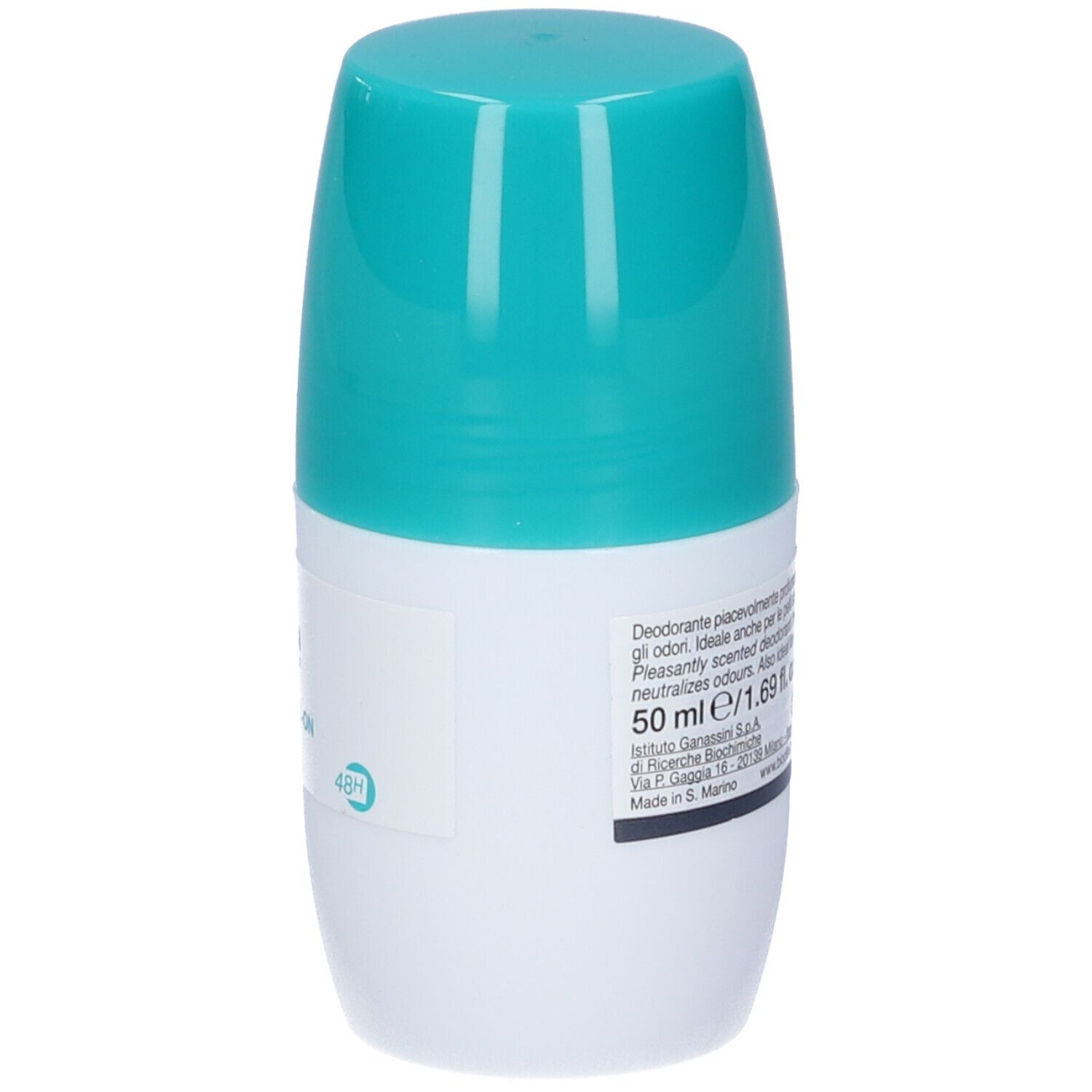 Deodorante roll-on bianco con tappo turchese. 50 ml. Simbolo protezione 48h.