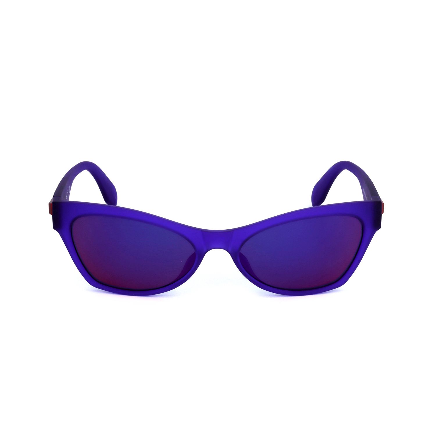 Occhiali da sole viola a gatto con lenti a specchio e montatura opaca.