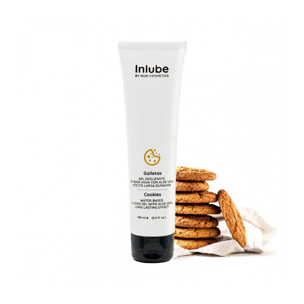 Tubo bianco con tappo nero. Scritta: Inlube by NUEI Cosmetics. Testo: Cookies, gel lubrificante. Accanto, biscotti.